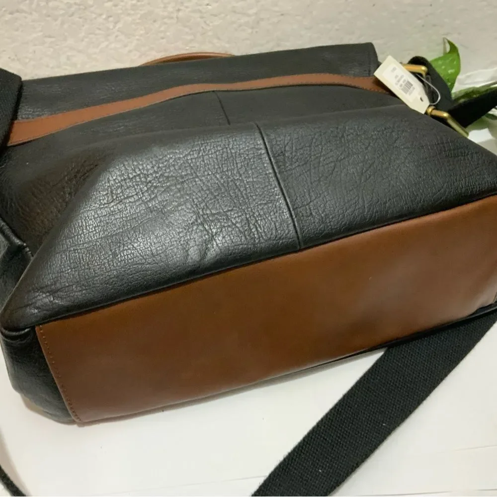 Fossil Black Leather Evan Commuter Satchel Messenger Bag New